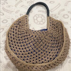 Handcrafted Tan Crochet Jute Tote Bag with Navy Lining